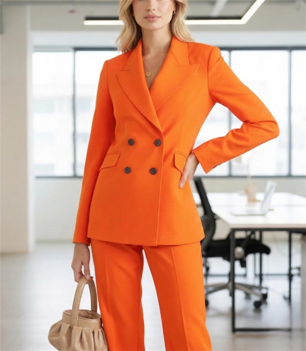 Bright Orange Women's Suits 2 Pcs Double Breasted Pantsuit Set Formal Wedding Guest Outfit Chic Office Suit (Blazer+Pants)