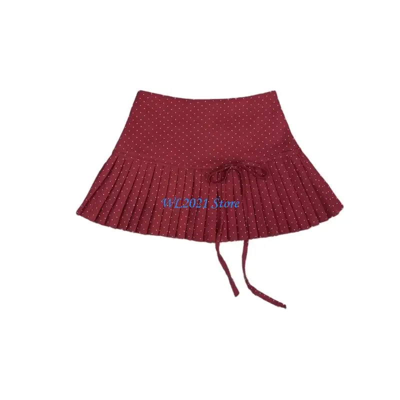 

G5GC Women High Waist School Uniform Dot Print Bowknot Mini Skirt Pleated Flared A Line Short Skater Skirt with Undershorts