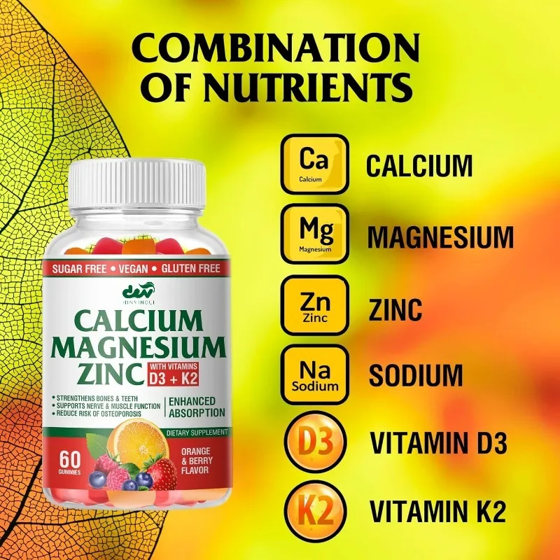 Calcium magnesium zinc gummies contain vitamin D3 and K2- highly effective in enhancing absorption - orange and berry flavors