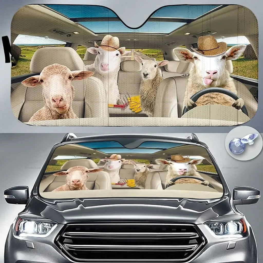 Sheep Family Driving On Summer Day Farm Lover Car Sunshade Windshield Window, Gift for Sheep  Car Windshield Durable Auto Visor