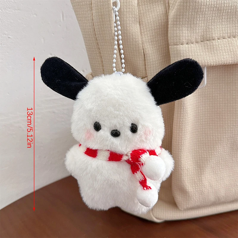 Natal Pochacco Plush Toy, Kawaii Sanrio Lenço, Puppy Chaveiro, boneca de pelúcia, pingente, chaveiro do carro, mochila, decoração saco