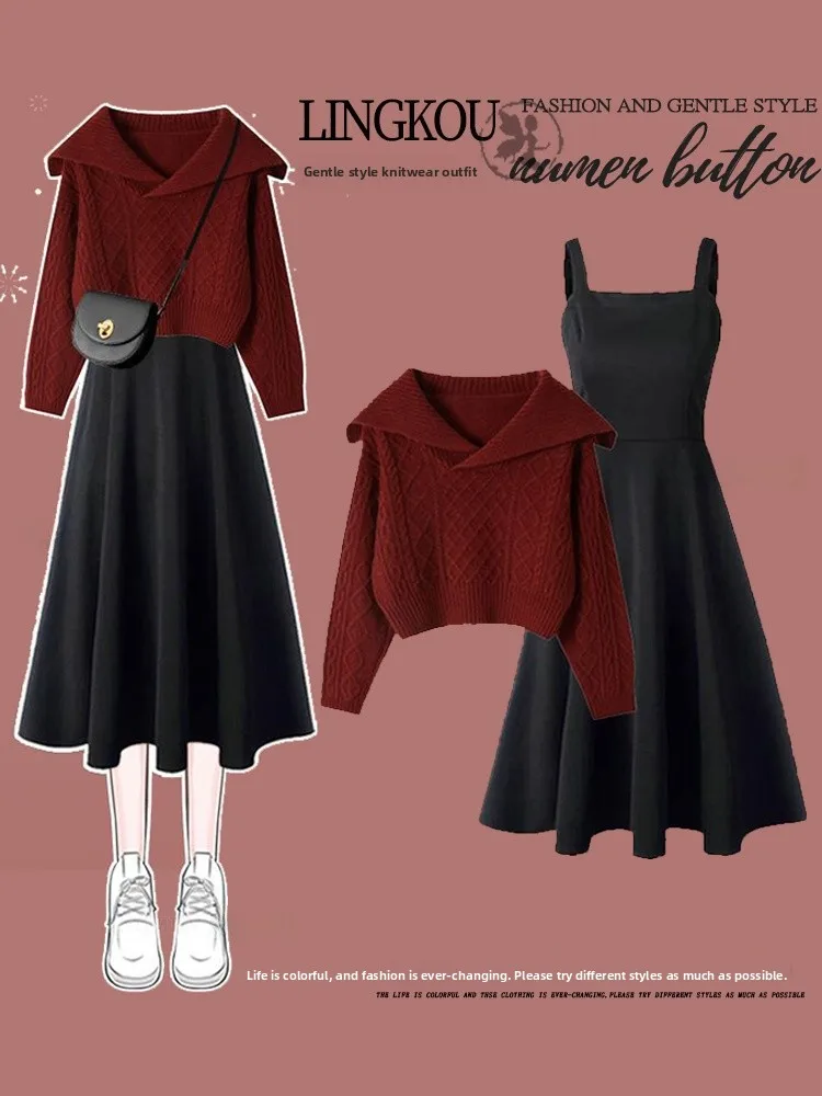 

Fall Fashion Set Women's Knitted Sweater And Dress Slimming plus Size High End Feel Two Piece Set Luxury Style Casual Wear