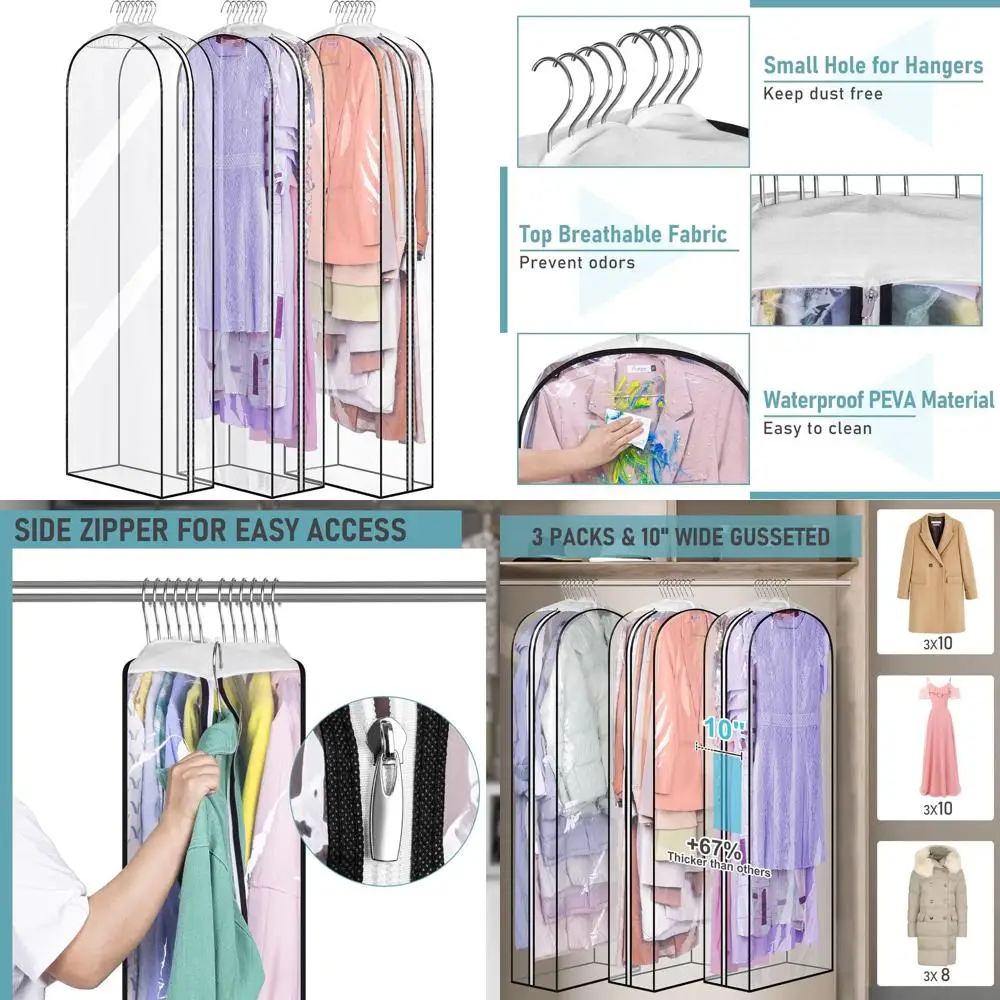 

60 Gusseted Hanging Dress Bags, 3-Pack, for Gowns, Fur Coats, and Closet Storage