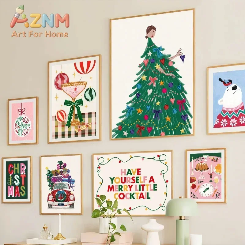 2026 Christmas Tree Girl Santa Claus Car Gift Party Posters Prints Canvas Painting Nordic Wall Art Picture For Living Room Home