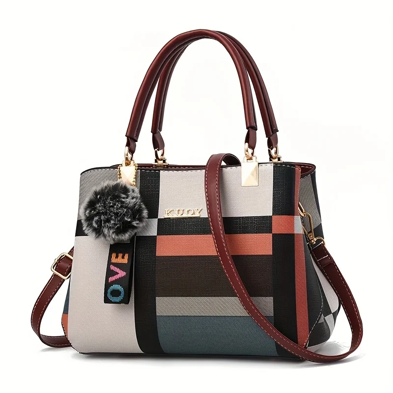 

Fashion Plaid Pattern Tote Bag, Colorblock Satchel Purse, Stylish Crossbody Bag With Plush Ball Pendant