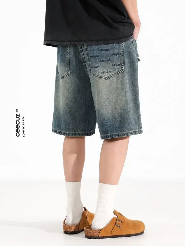 リップドアンティークストレートレッグデニムショートパンツメンズ夏新アメリカントレンディルーズワイドレッグ5点パンツ