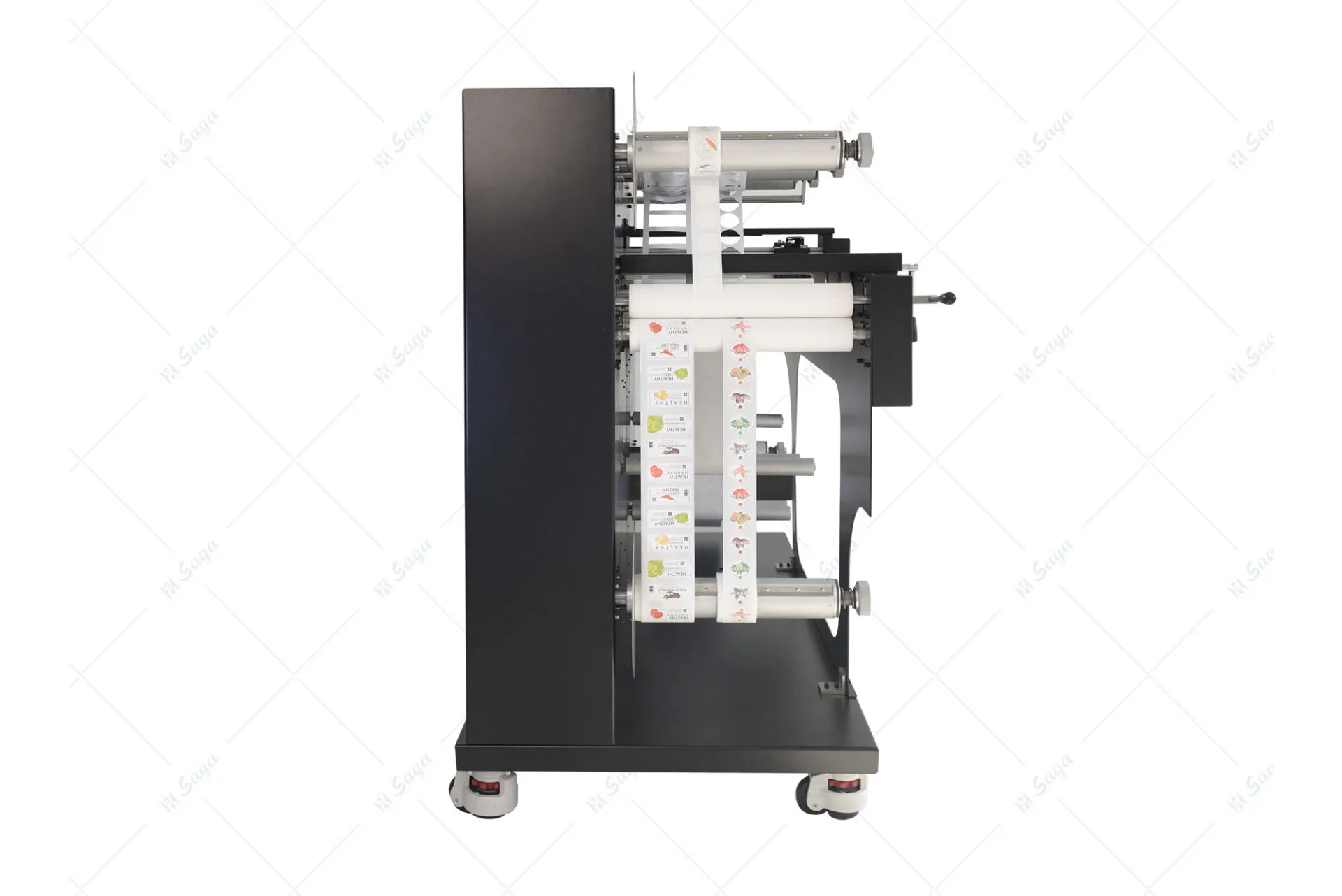 Saga All-in-One Label Finisher, Printing, Laminating, Die Cutting, Slitting, Waste Collecting, Rewinding All in One.