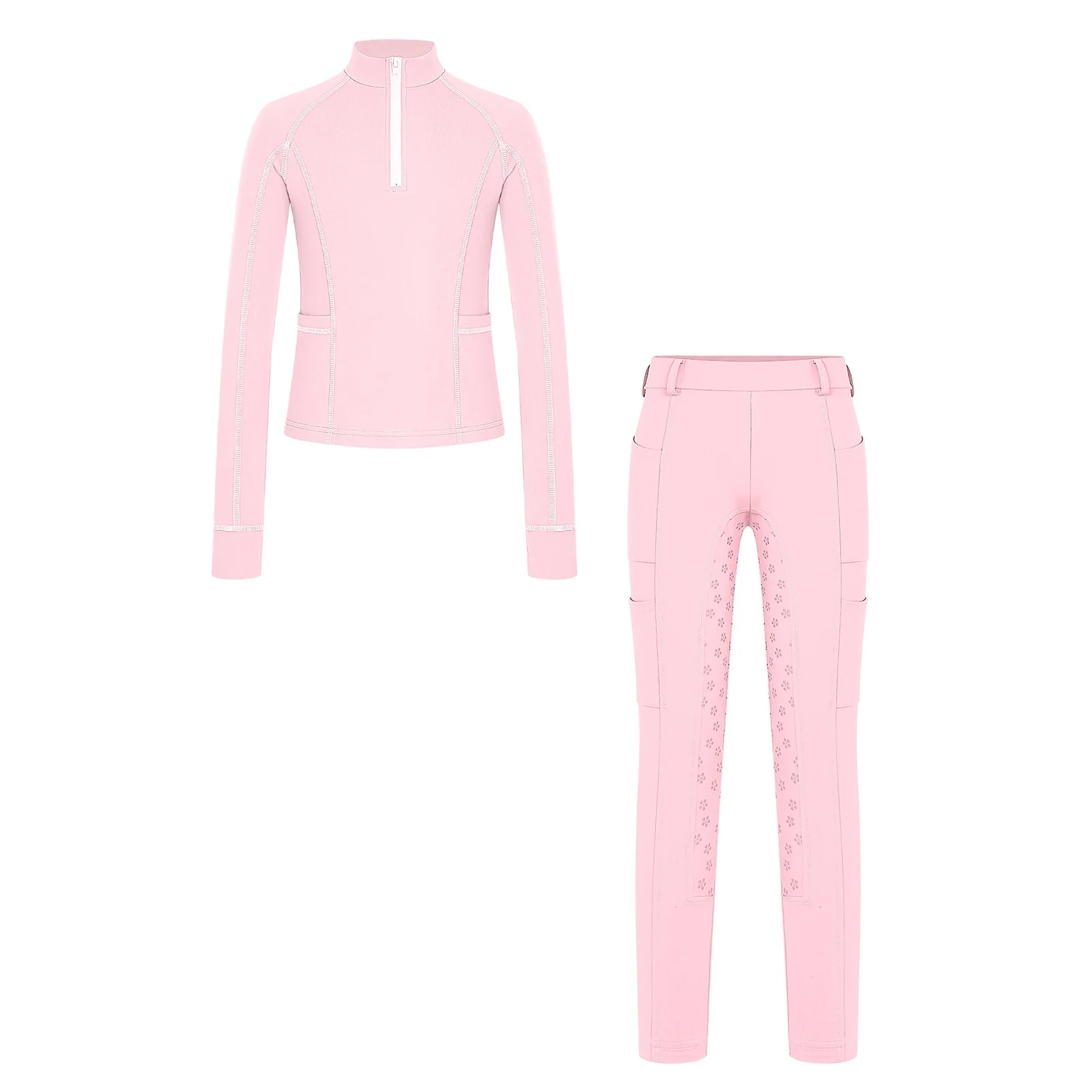 Kids Girls Horse Riding Outfit Stand Collar Long Sleeve Zip Up Pullover Sweatshirt with Anti Slip Full Seat Breeches Pants