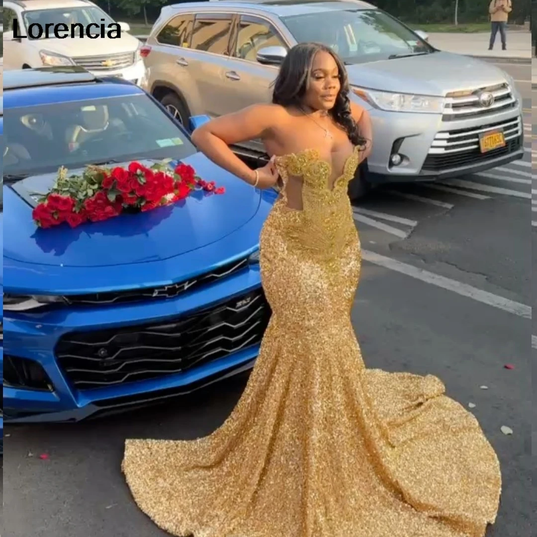 Customized Gold Sequins Mermaid Prom Dress 2024 For Black Girls Crystal Rhinestone Beaded Party Gala Gown Robe De Soiree YPD129