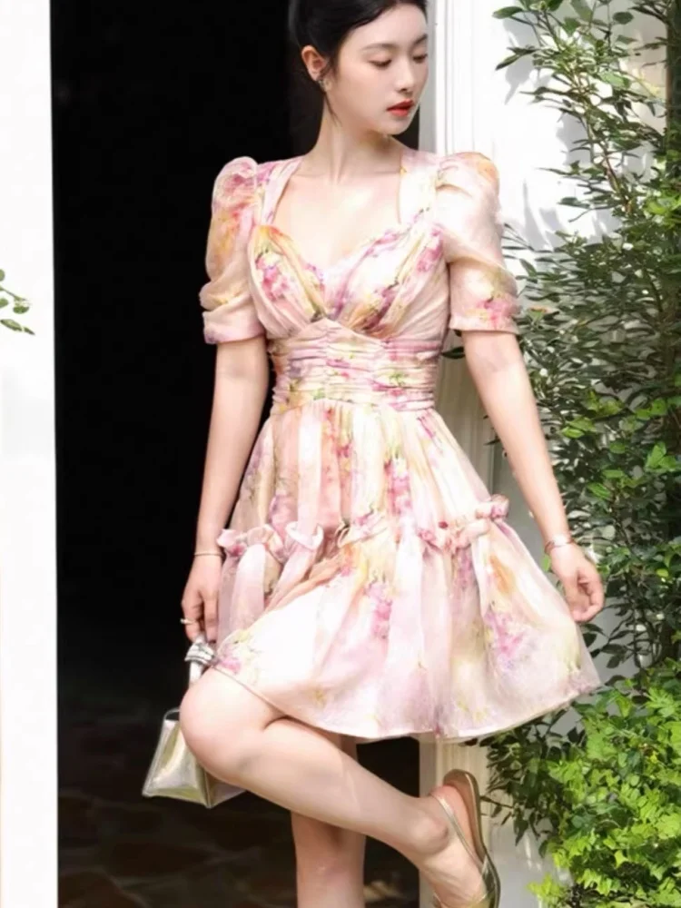 Nude Pink Floral Ball Gown Dress Cute Puff Sleeve Square Collar Short Dress Princess Party Dresses Sweet Holiday Korean Fashion