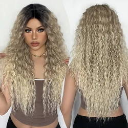 Long Afro Kinky Curly Lace Front Synthetic Wigs Brown Blonde Ombre Wig Dark Root Transparent Deep T Part Lace Wig for Women Use