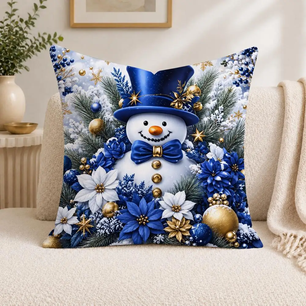 Dark Blue Christmas Tree And Elk Pattern Cushion Cover Square Decorative Sofa Pillow Case Bedroom Living Room Home Decor Gift