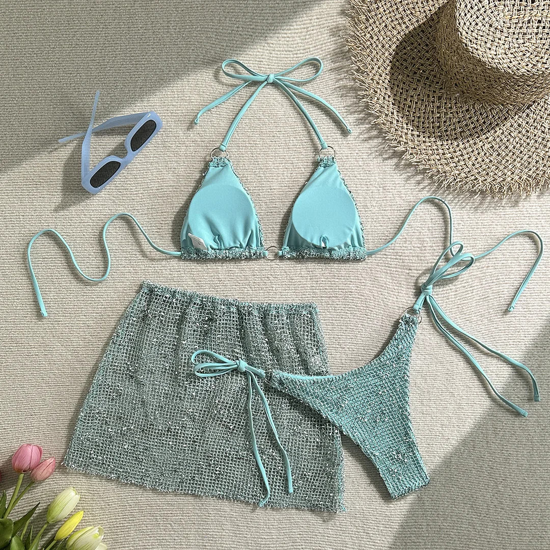 9 Farben Sexy Neckholder-Bikini Damen-Badebekleidung Dreiteiliges Bikini-Set mit Rock Badeanzug Badebekleidung V6451C – Detail 39