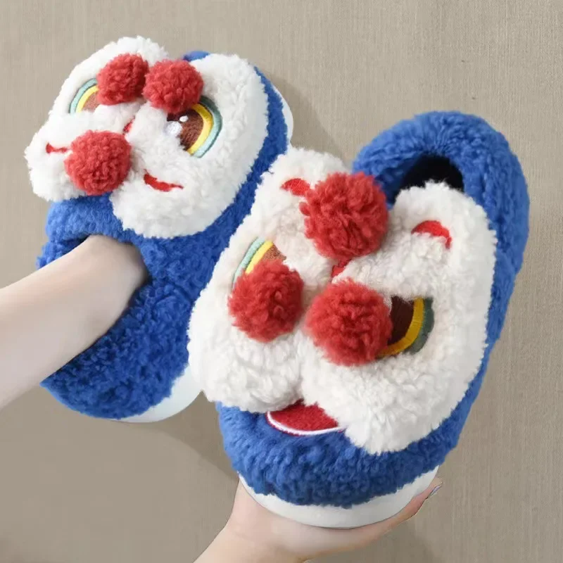 SHAJI Unisex Cute Lion Dance Plush Slippers, Winter Warm Fluffy Stuffed Home Slides, Casual Cotton Shoes Xmas Gift for Men Women