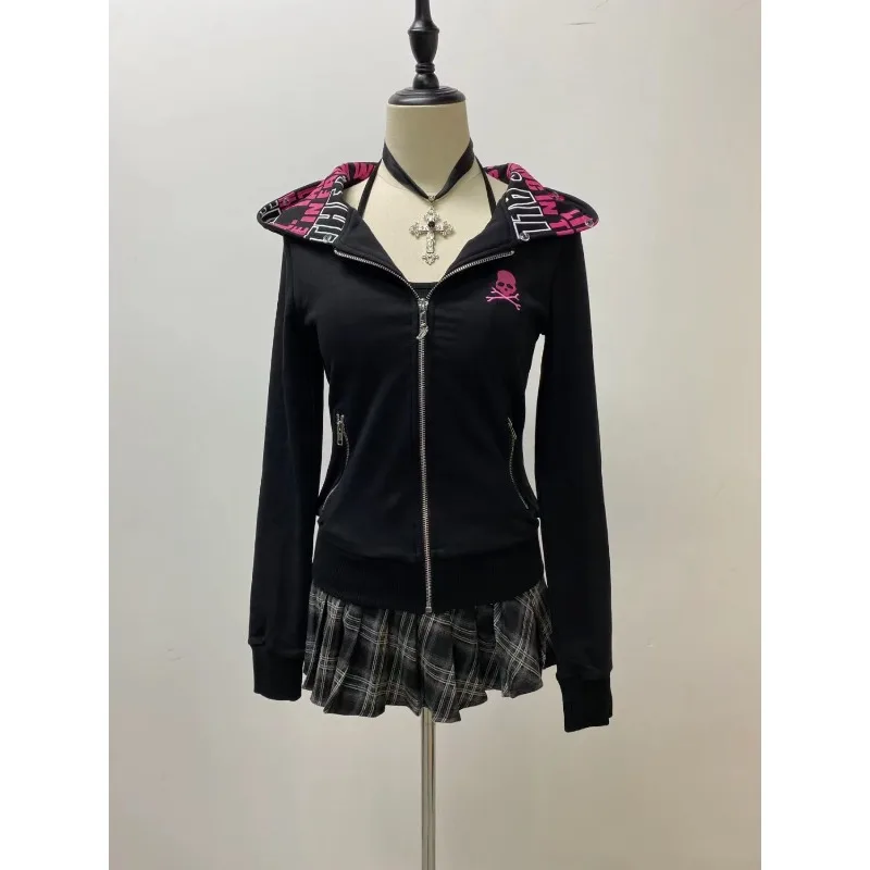 Sudadera con capucha negra para Mujer, Ropa con estampado de calavera y letras, abrigo Y2k con cremallera, sudaderas japonesas Harajuku, chaqueta, Tops, Ropa para Mujer