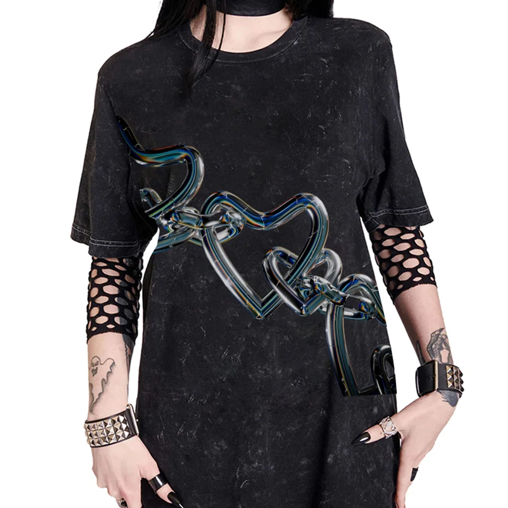

Graphic Tees Chain Heart T-shirt All - Cotton, High - Quality Oversize Washed Tee. Holographic Chain Hearts, Edgy Y2K Trend