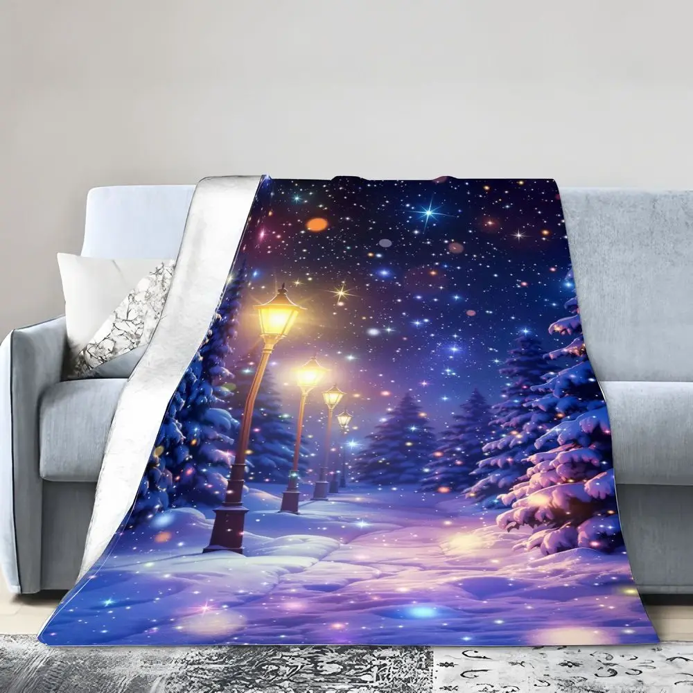 Coperta magica per palcoscenico notturno invernale - Coperta in morbido pile accogliente con paesaggio innevato incantato, toni blu intenso e viola, G