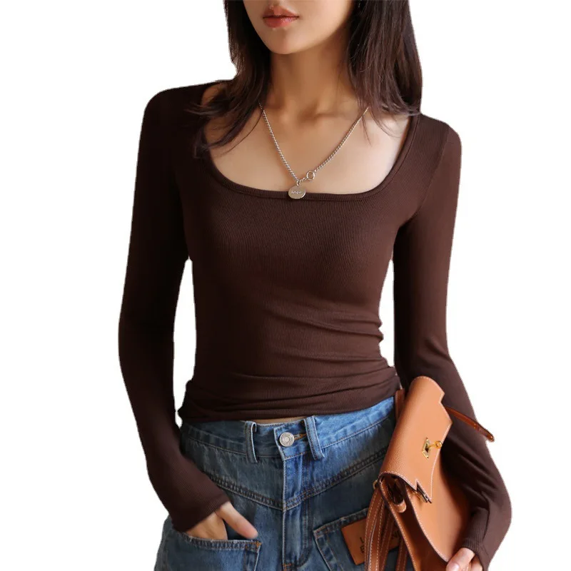 Slim Modal Cropped Square Neck Top Women Long Sleeve T Shirts Essentials M-XL