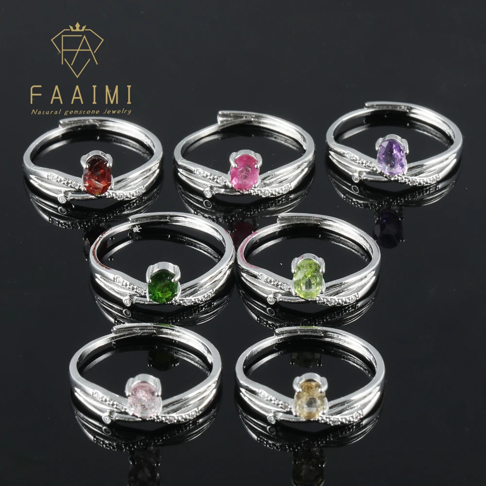 

100% natural gamstone garnet amethyst tourmaline adjustable copper-plated silver ring for women jewelry gifts