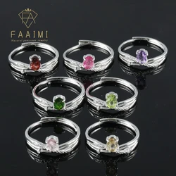 100% natural gamstone garnet amethyst tourmaline adjustable copper-plated silver ring for women jewelry gifts