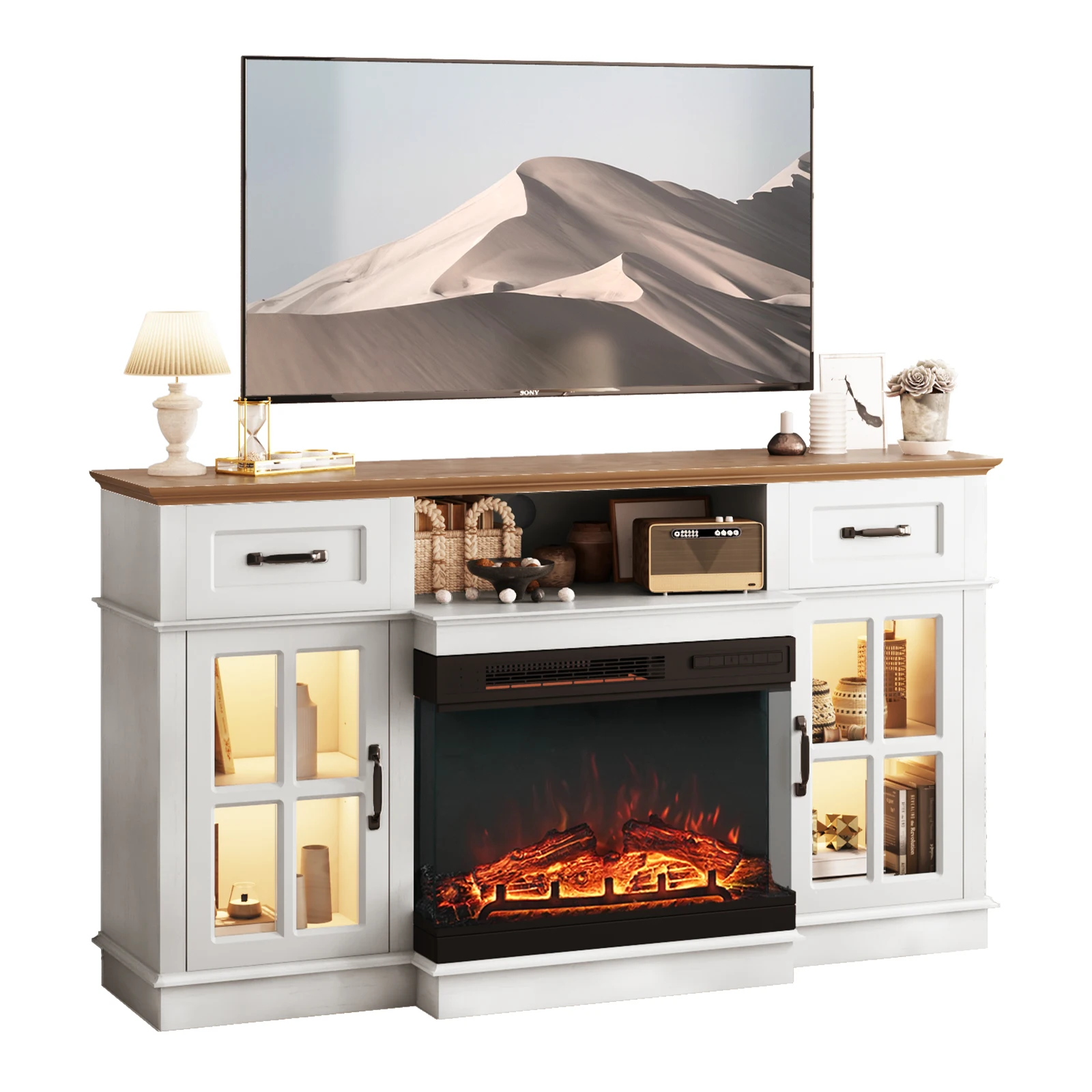 58 Inch Black Gold Oak Fireplace TV Stand with 25 Inch Insert 2 Doors 2 Drawers and Glass Shelves Media Console 147.4 x 45 x