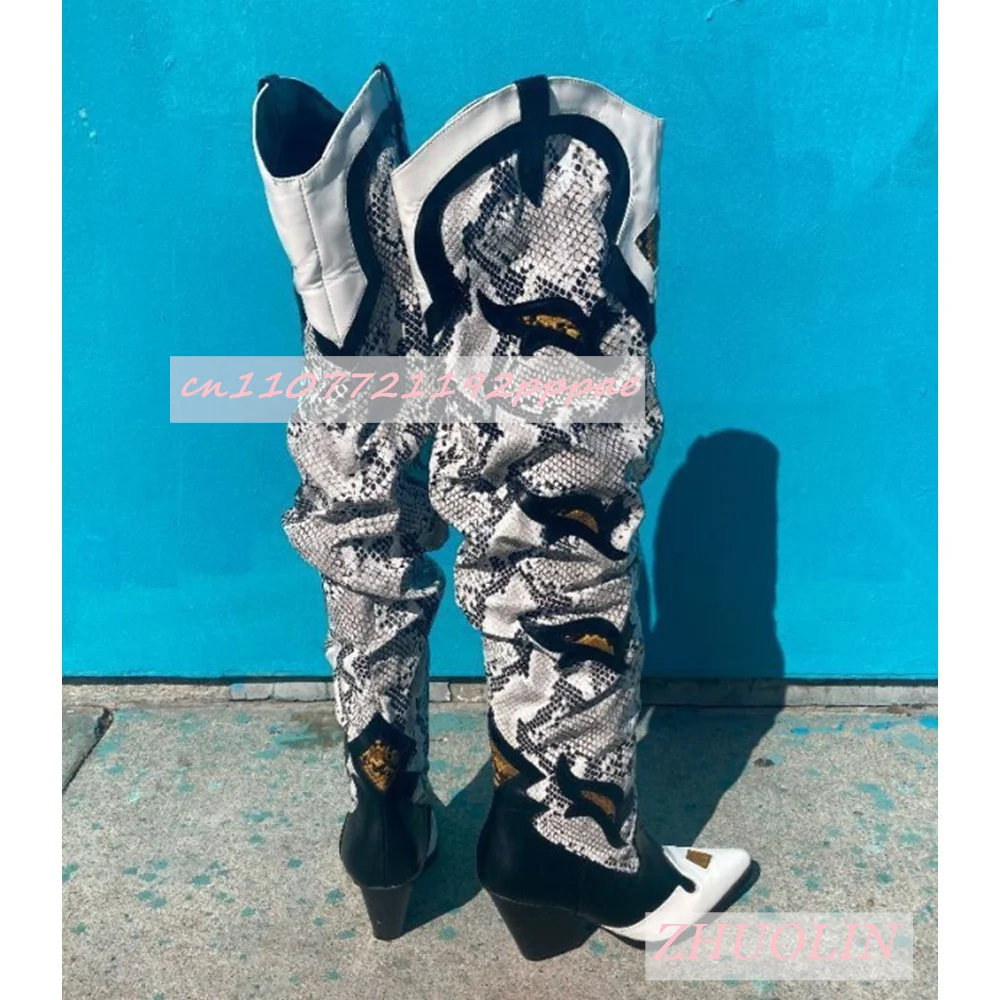 Winter Embroidered Snake Pattern Over-The-Knee Boots Pointed Toe Thick Heel Pleated Western Long Boots Knight Boots For Women 45