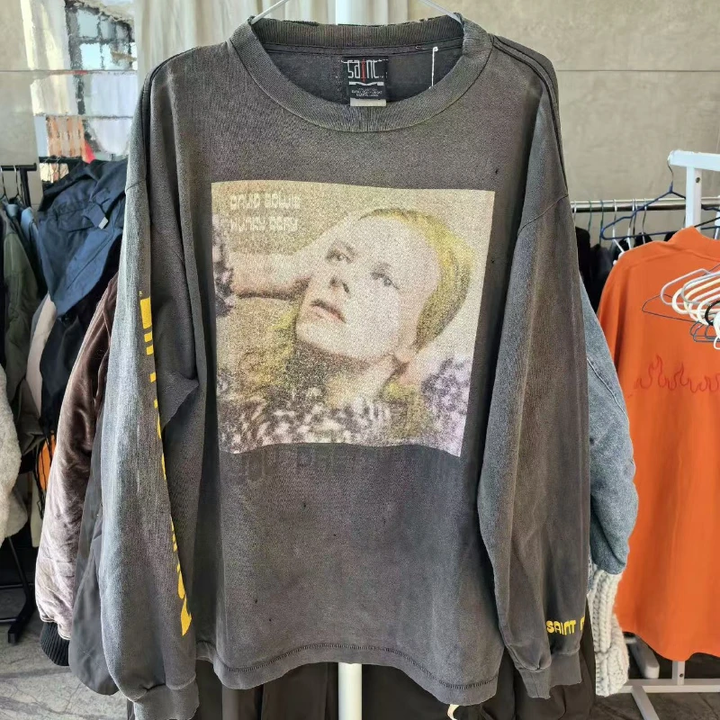 SAINT Pullover Top Tee High Street Portrait Printed Do Old Retro Cylinder Long Sleeve T-shirt Men Women