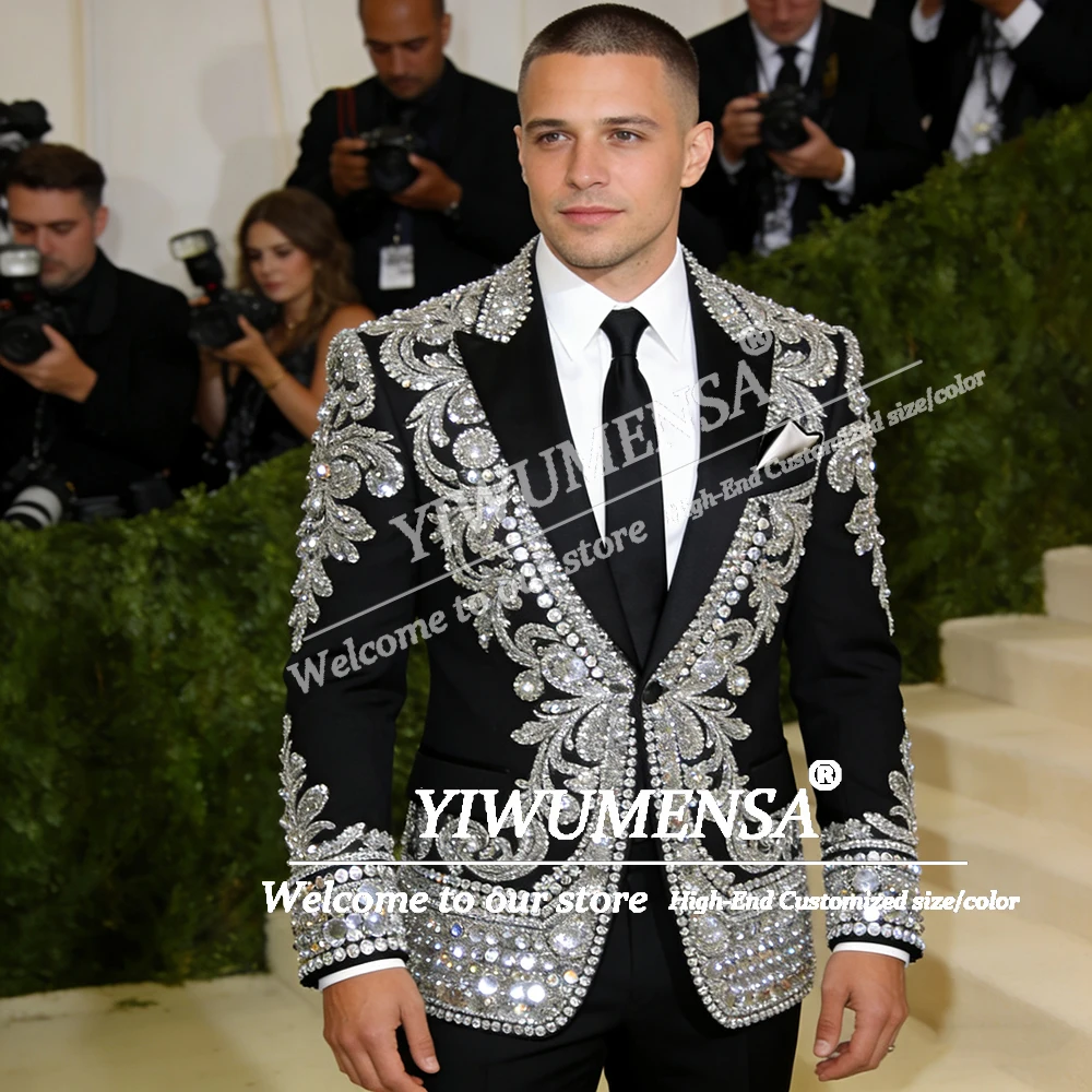 

Glittering Diamond Beaded Suits Men For Wedding Single Breasted Jacket Pants 2 Pieces Sets Groom Banquet Tuxedos Outfits Luxury