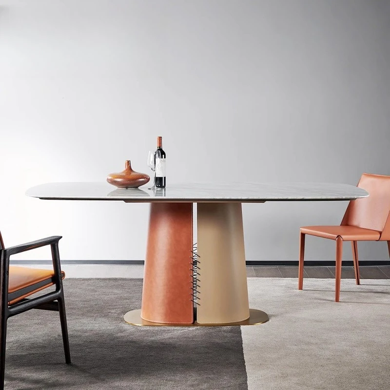 Natural marble dining table saddle leather villa mansion dining table