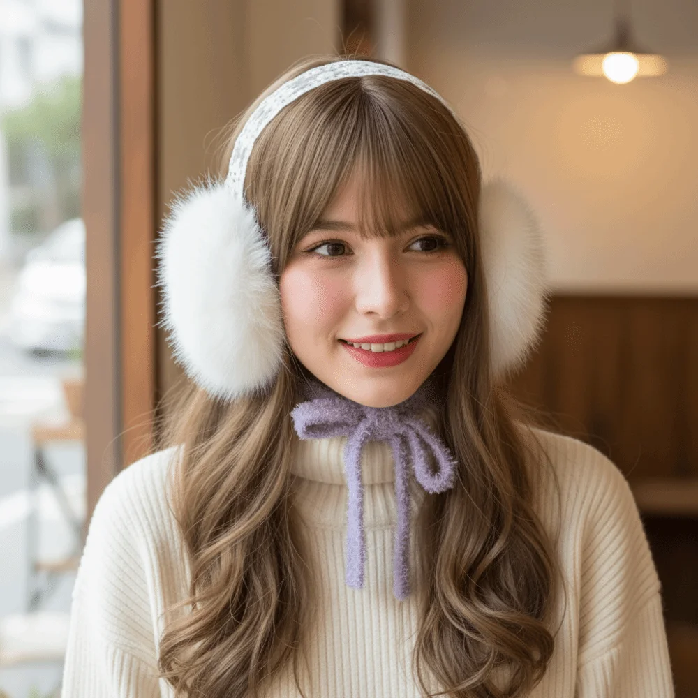 ファッションイヤーキャップレースぬいぐるみイヤーマフ厚手JKヘッドウェア冬用イヤーマフ防風イヤーフラップ暖かいイヤーマフ乗馬用