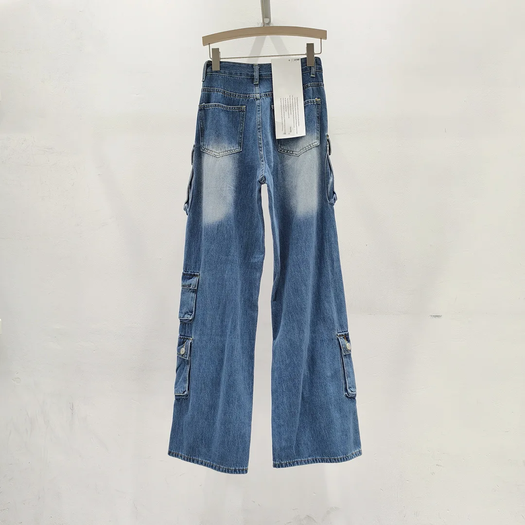 American Retro Jeans Women 2024 Spring and Autumn New High Waist Slimming Tie-Dyed Wide-Leg Pants Cargo Denim Pants High Street