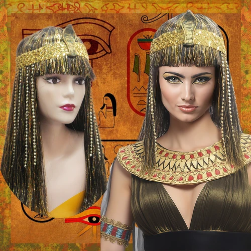 Imagen 1 del producto Peluca de cosplay de Reina egipcia de nueva moda, tocado con cabeza de serpiente dorada, peluca sintética larga y recta negra de seda de lluvia dorada