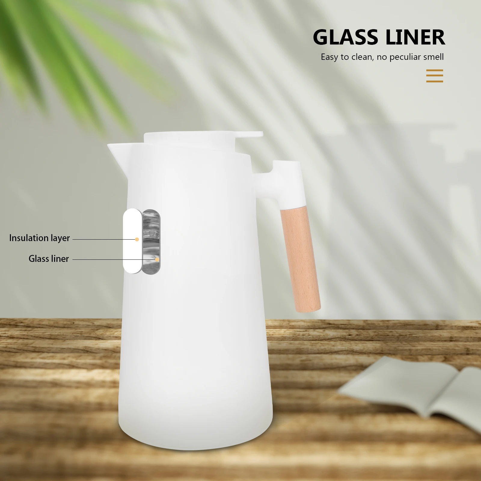 

Thermal Carafe Insulated Kettle White Wood Handle Portable Hot Water Bottle Glass Liner for Coffee Tea Beverages Household