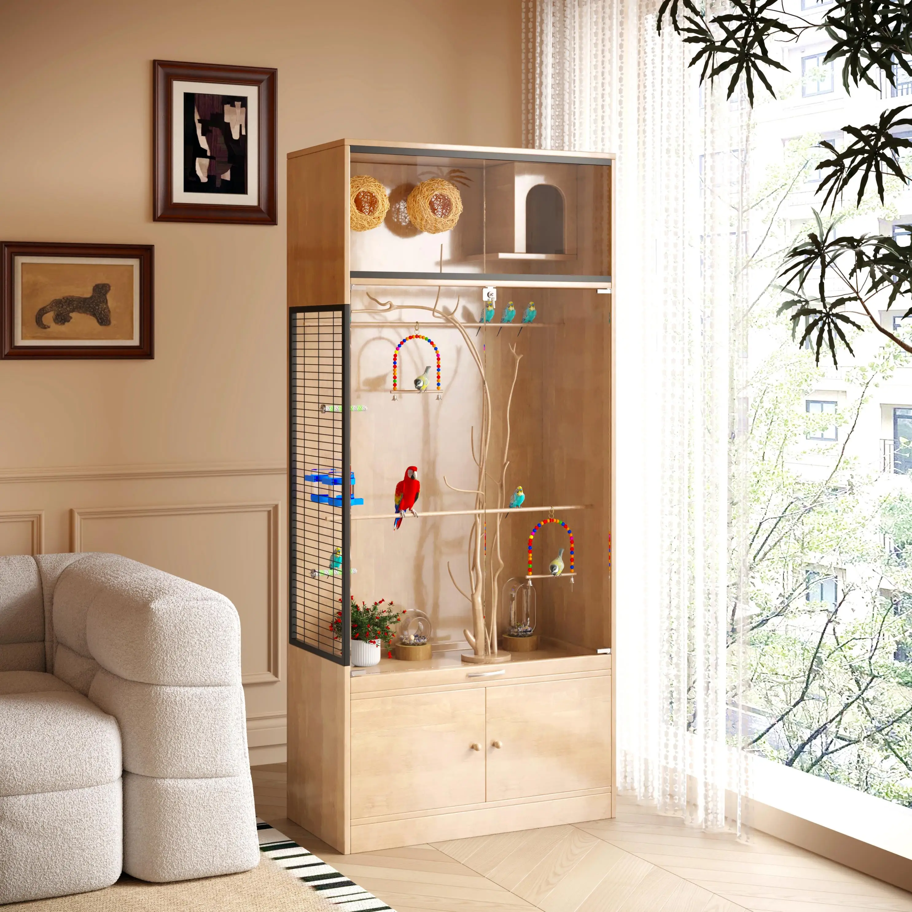 

Handcrafted Luxury Wood Bird Cage Easy Cleaning Sliding Base with Unique Print Pattern Pet House Furniture