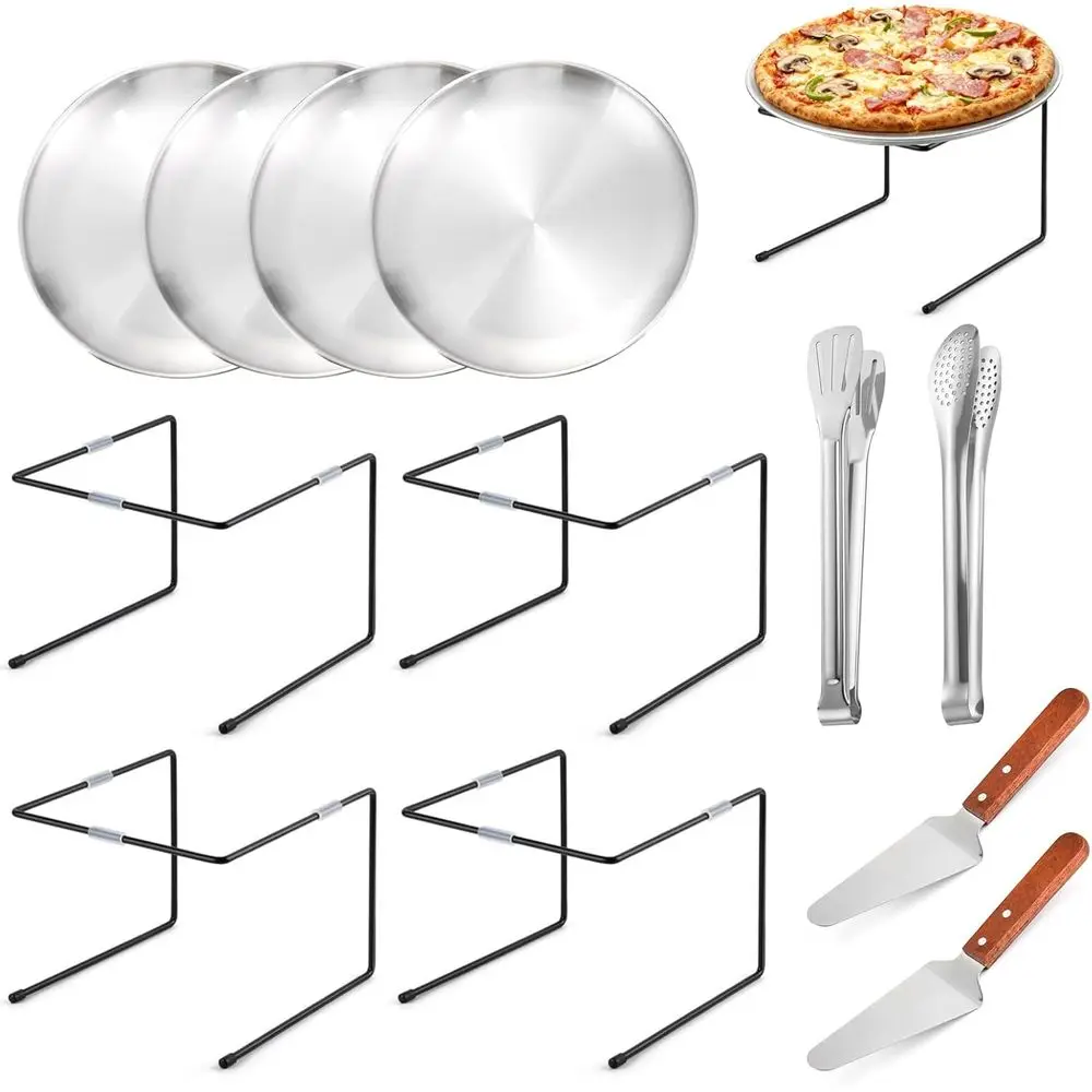 Juego de soportes elevadores para Pizza de 12 Uds., 4 soportes de mesa para Pizza de Metal, 4 sartenes para Pizza, 2 servidores de pastel con mango de madera, 2 barbacoa de acero inoxidable