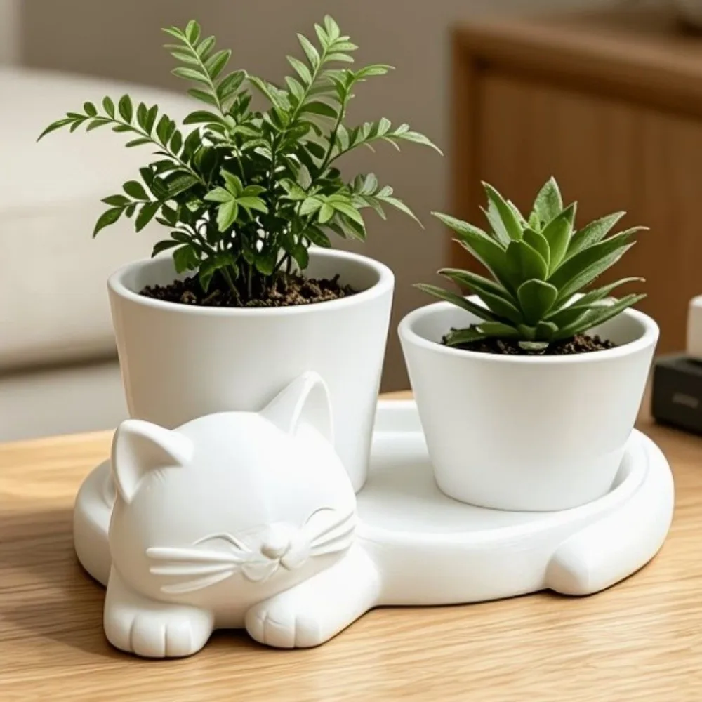 3D Printed Cat-Shaped Flower Pot Cute Animal Lazy Cat Kitten Desktop Planter Plastic Novelty Succulent Vase Indoor/Outdoor Use