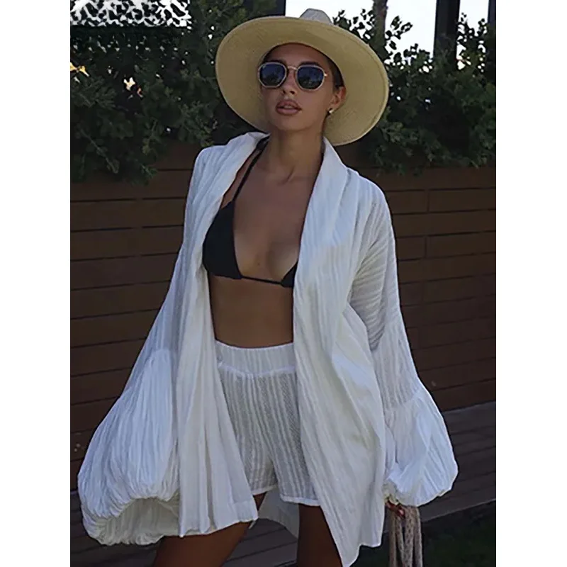 

Bonny Fashion White Cotton Women's Two Pieces Set Elegant Puff Sleeve Loose Lace-Up Shirts And High Waisted Shorts Female Sets