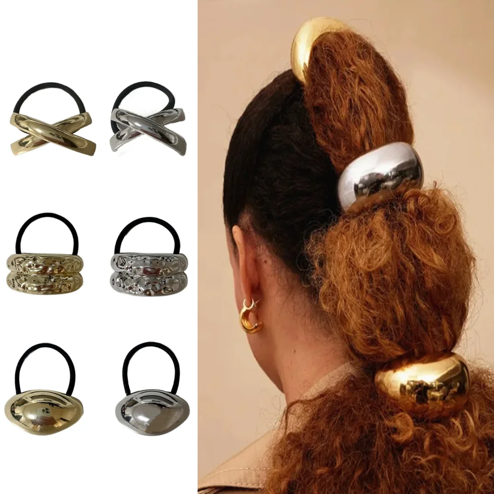 High Quality Metal Hammered Arch Pony Rhodium Hairband Gold/Silver Vintage Ponytail Hair Pin Large Elastic Hair Ties