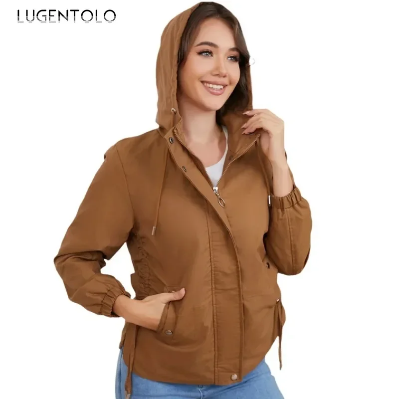 

Women Casual Jacket Fall 2025 New Outdoor Windproof Drawstring Hooded Windbreaker Simple Loose Solid Color Zip-Up Cardigan Coat