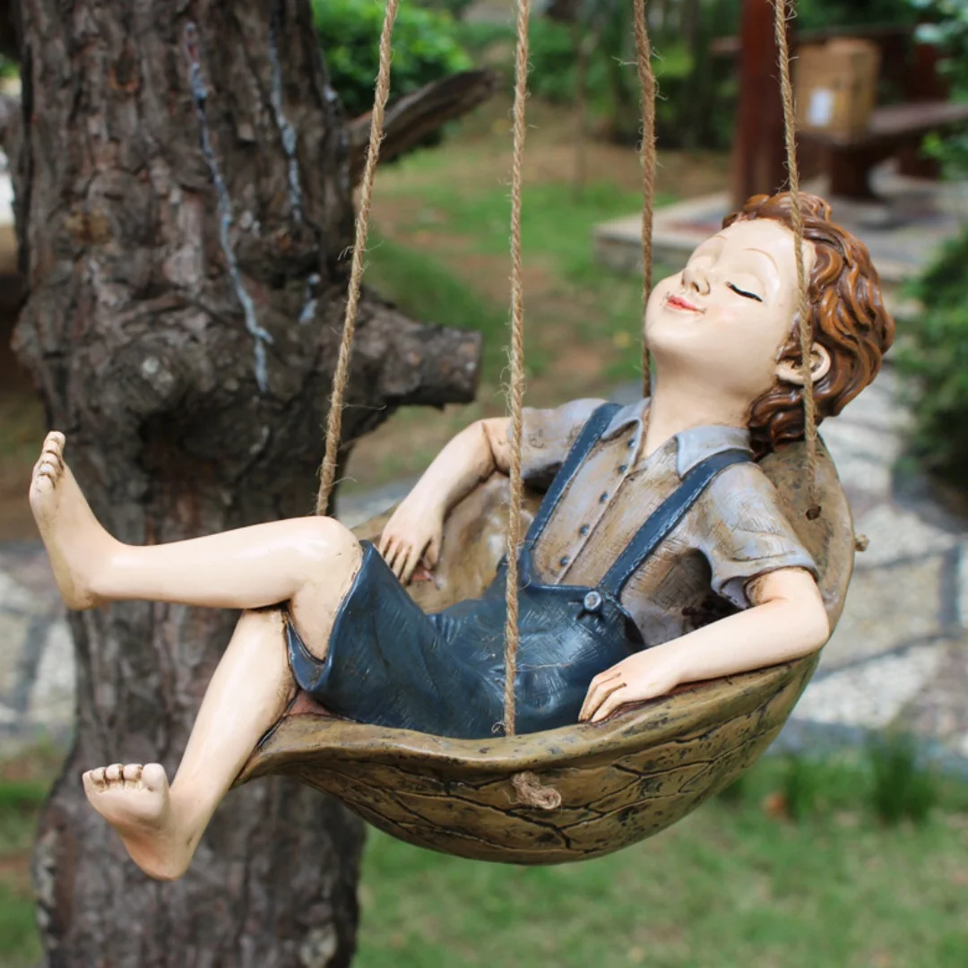 

A Boy Lying On A Walnut Cradle Is Suitable For Decorating A Courtyard, Garden, Big Tree, Home, Hanging Housewarming Gifts