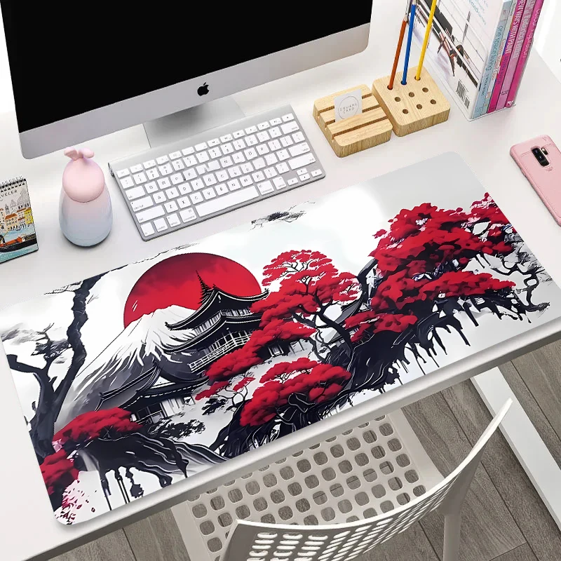 Sun Design Mouse Pad Red Illustration Mousepads XXL Fallen Leaf Pagoda Computer Large Size Desk Mat Rubber Anti-Slip Office Mats