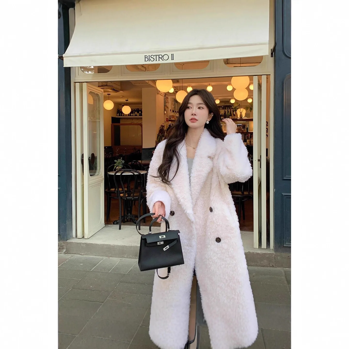 الشتاء النساء مزدوجة الصدر سترة الصوف الحقيقي مستقيم منتصف معطف طويل الإناث عادية الخامس الرقبة سميكة الدافئة معطف فرو الأغنام الطبيعية #1