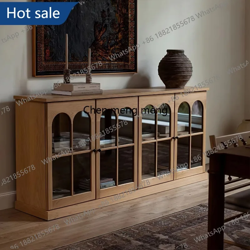 

M02 French retro solid wood dining side cabinet, living room locker, arched glass door storage entrance cabinet