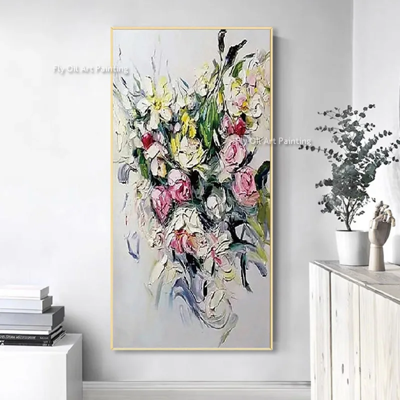 Original Handpainted Pink White Flowers Canvas Thick Wall Art New Design A Bomquet Of Florals Oil Painting For Living Room Decor