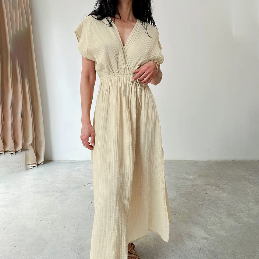 

Linad сексуальное летнее длинное платье с высокой талией и разрезом, женское платье 2025 года, повседневные прямые платья без рукавов, женская уличная одежда, тонкое платье с v-образным вырезом