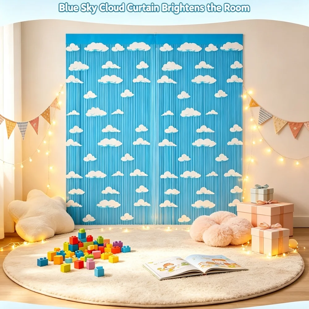 1/2/3/5/8 Stück Blauer Himmel Folien-Fransenvorhang, Weiße Wolken Hintergrunddekoration für Spielzeug-Geburtstag Cartoon-Story Party Dekorationen Zubehör – Detail 6