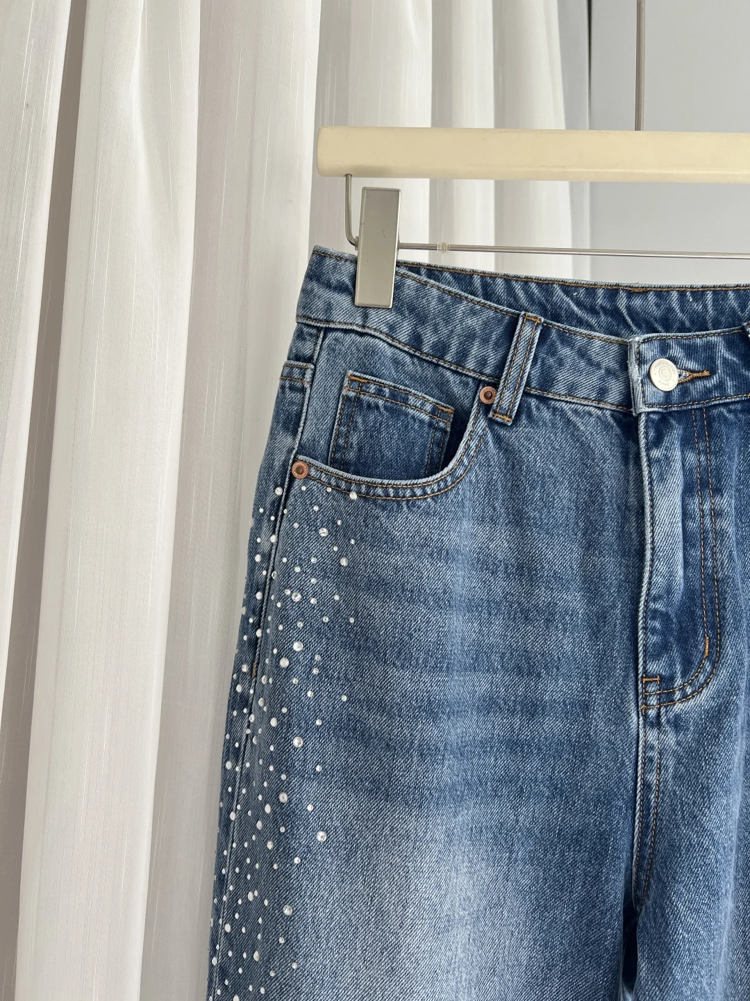 Jean droit à perles lourdes pour femmes, pantalon en Denim décontracté à jambes larges, taille haute, automne