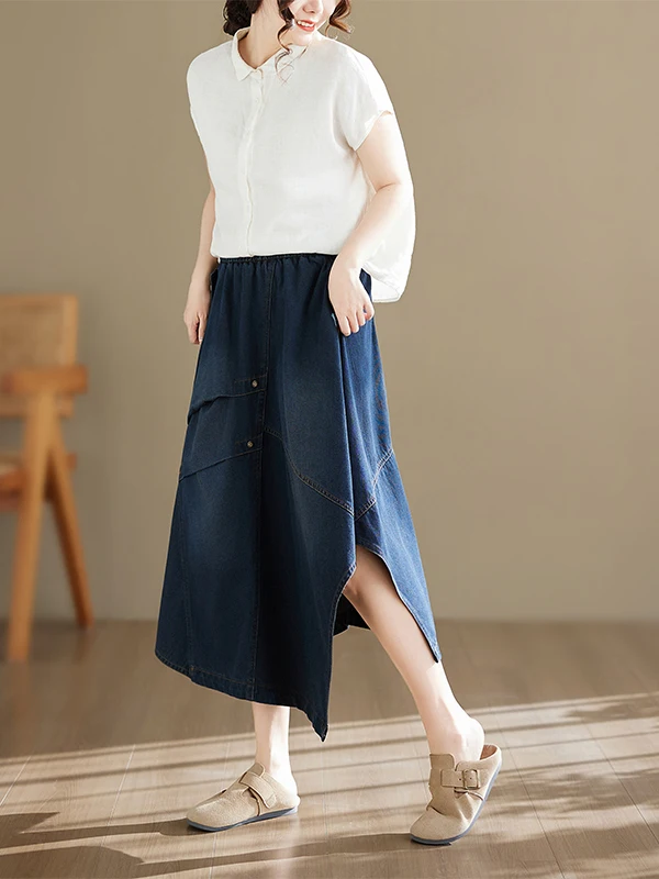 

Ретро-юбка из синего денима с высокой талией, А-силуэт, женская, дизайнерская, больших размеров, летняя, новая модель, с эффектом похудения