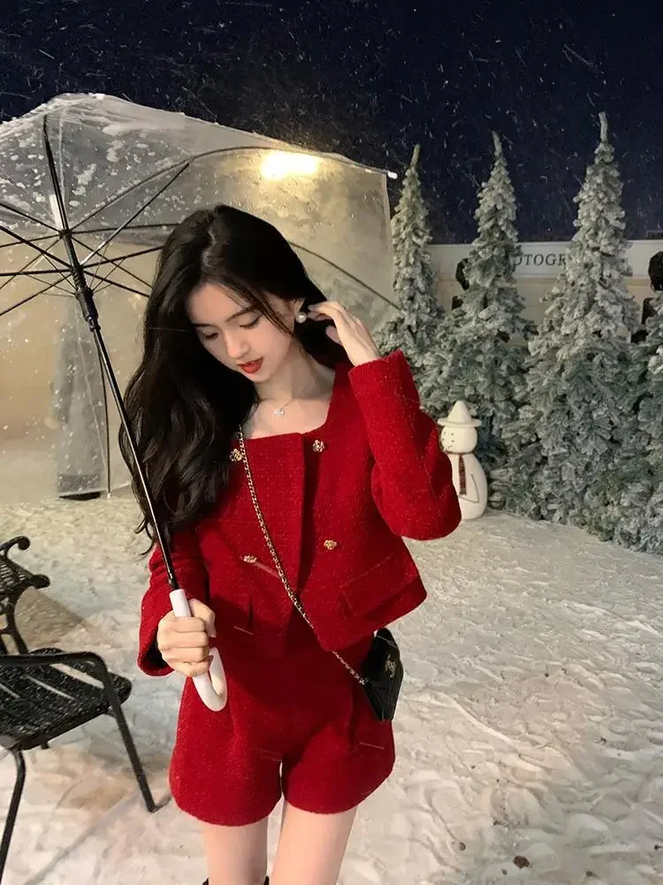 Insozkdg Christmas New Year Retro Red Women Jacket Shorts Sets Autumn Winter Temperament Socialite Suit Trendy Coat Shorts Set