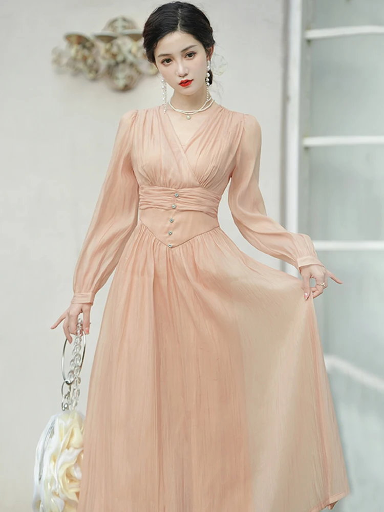 

2025 Solid Chiffon Long Sleeve V-Neck Casual Dress Spring Autumn Elegant Chic Diamonds Long Dress Woemn Korean Bodycon Vestidos